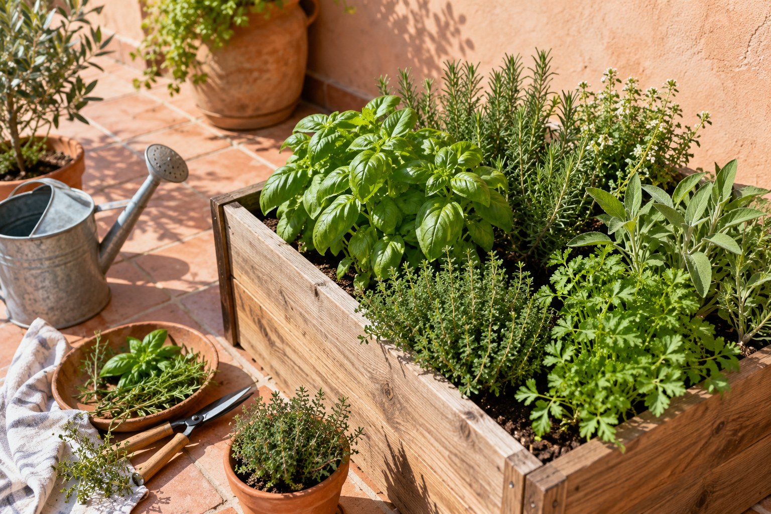Huertos urbanos y aromáticas: propuesta luminosa con blanco, verde hoja y melocotón claro